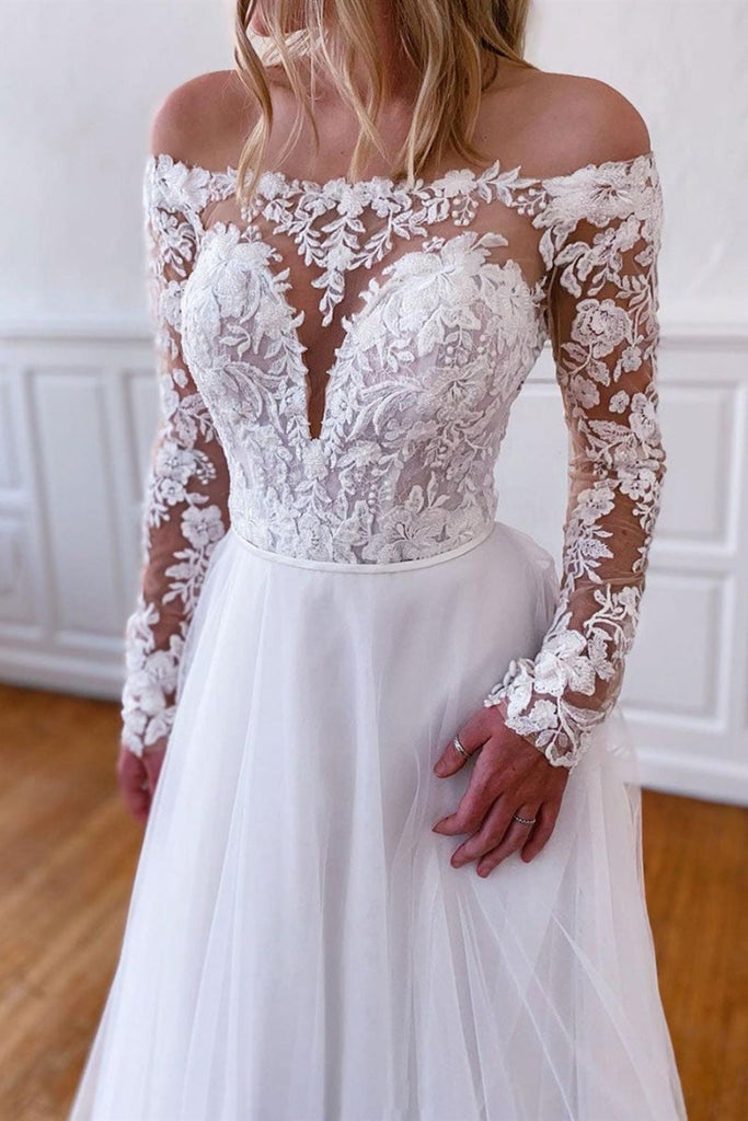Long Sleeves White Lace Long Prom Dresses, Long Sleeves White Wedding