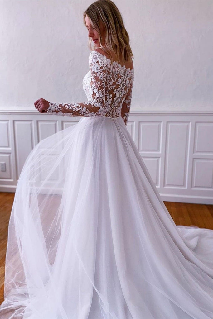 Long Sleeves White Lace Long Prom Dresses, Long Sleeves White Wedding