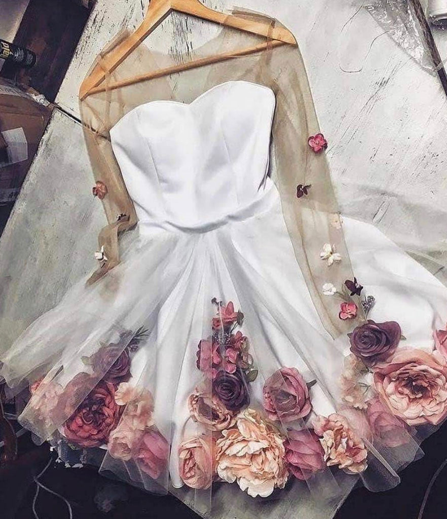 Long Sleeves White Short Prom Homecoming Dresses with 3D Flowers, Whit Lwt Dress Long Sleeves White Short Prom Homecoming Dresses with 3D Flowers, Whit Lwt Dress