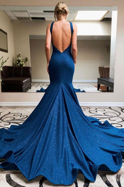 Mermaid Backless Blue Long Prom Dresses, Mermaid Blue Formal Dresses, Blue Evening Dresses