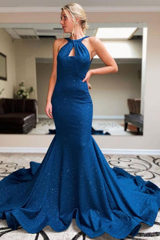 Mermaid Backless Blue Long Prom Dresses, Mermaid Blue Formal Dresses, Blue Evening Dresses