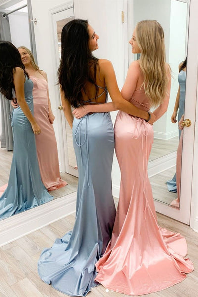 Mermaid Backless Blue/Pink Satin Long Prom Dresses, Mermaid Blue/Pink Formal Graduation Evening Dresses