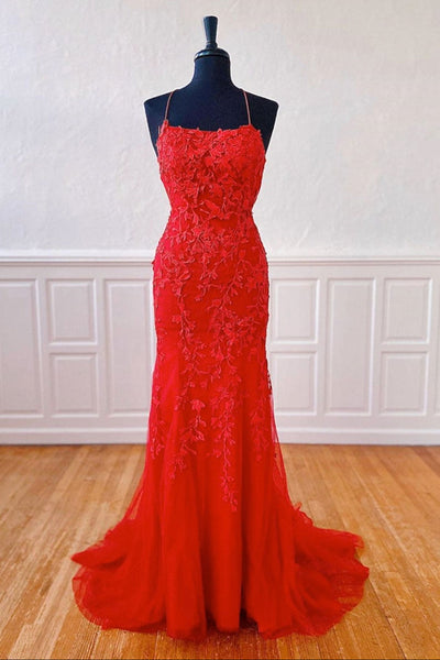 Mermaid Backless Red Lace Long Prom Dresses, Mermaid Red Formal Dresses, Red Lace Evening Dresses