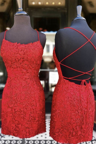 Mermaid Backless Short Red Lace Prom Homecoming Dress, Mermaid Red Lace Formal Evening Dress