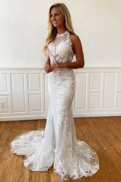 Mermaid Halter Neck Backless Ivory Lace Long Prom Wedding Dresses with Train, Mermaid Ivory Formal Dresses, Ivory Lace Evening Dresses