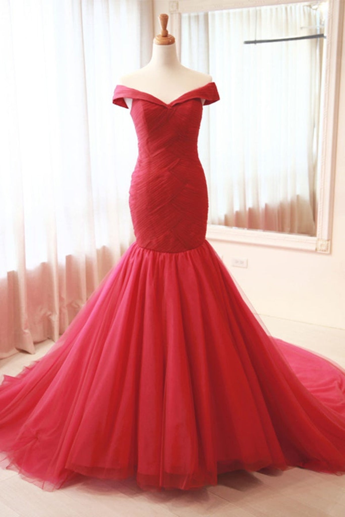 Mermaid Off Shoulder Red Tulle Long Prom Dresses, Mermaid Red Formal Dresses, Red Tulle Evening Dresses