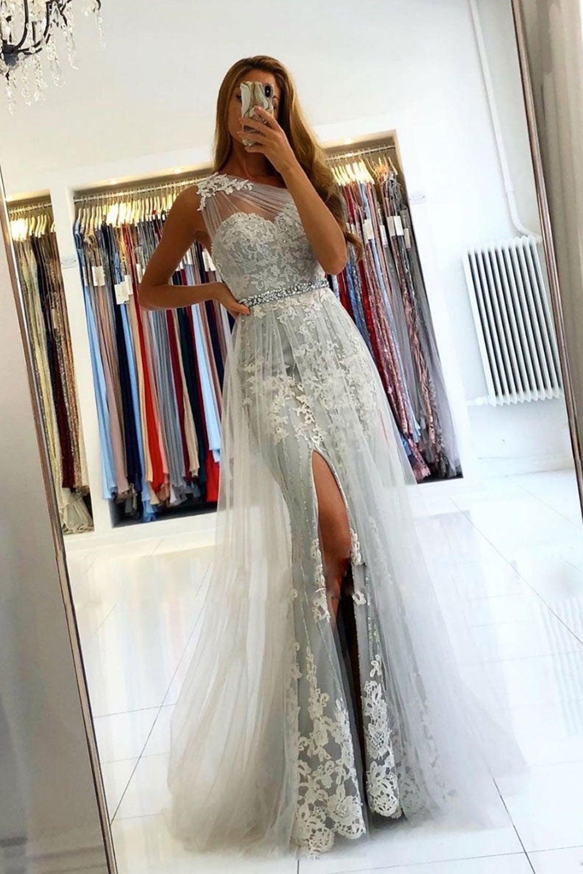 Mermaid One Shoulder Gray Lace Long Prom Dresses, Mermaid Gray Formal Dresses, Gray Lace Evening Dresses