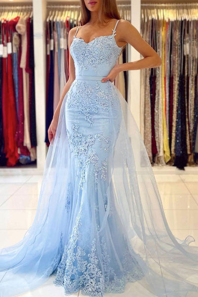 Mermaid Open Back Light Blue Lace Long Prom Dresses, Light Blue Lace Formal Evening Dresses, Mermaid Light Blue Wedding Dresses