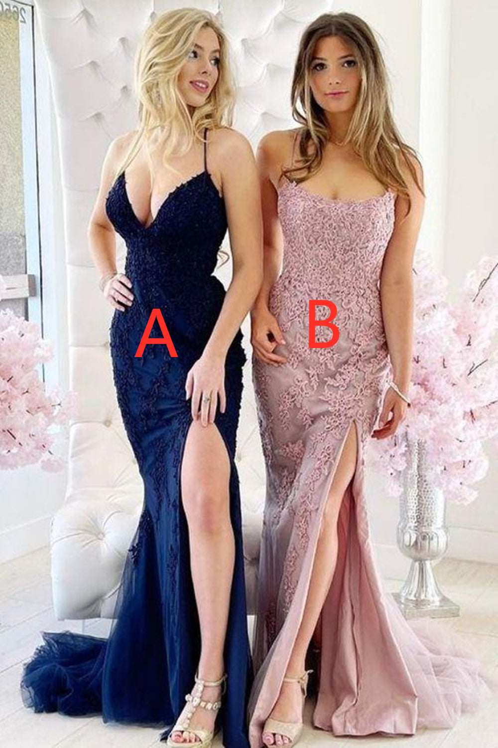 Mermaid Pink Lace Long Prom Dresses with High Slit, V Neck Navy Blue Formal Graduation Evening Dresses