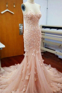 Mermaid Strapless Pink Lace Long Prom Dresses, Sweetheart Neck Pink Formal Dresses, Pink Lace Evening Dresses
