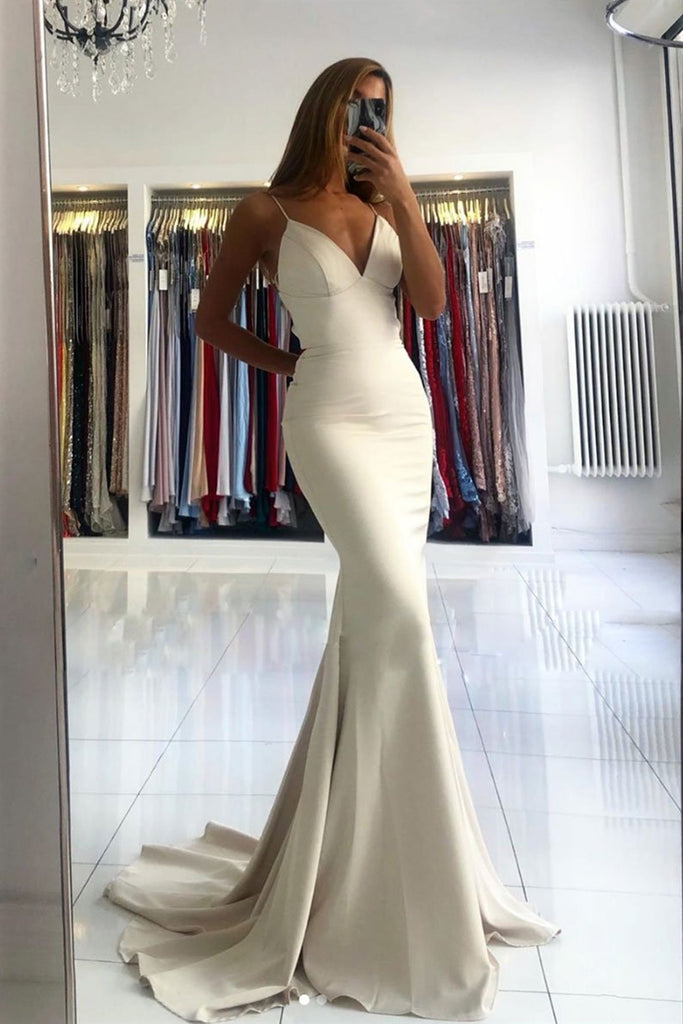 Mermaid V Neck Backless Ivory Long Prom Dresses, Mermaid Ivory Formal Lwt Dress Mermaid V Neck Backless Ivory Long Prom Dresses, Mermaid Ivory Formal Lwt Dress