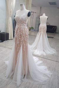 Mermaid V Neck Champagne Lace Long Prom Dresses, Champagne Mermaid Formal Dresses, Champagne Lace Evening Dresses