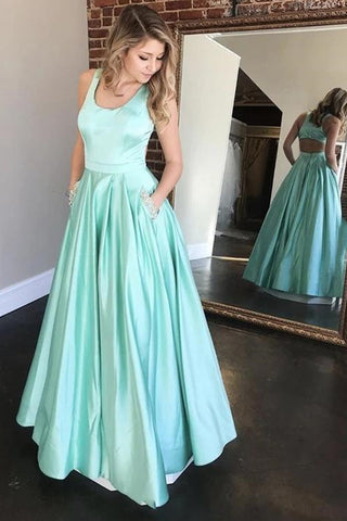 Mint Green Satin Long Prom Dresses Round Neck Mint Green Formal Graduation Evening Dresses with Pocket