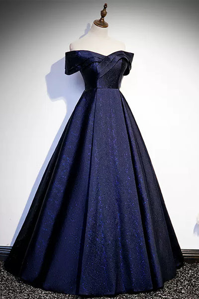 Navy Blue Beauty Off the Shoulder Prom Dresses Long, Off Shoulder Blue Formal Dresses, Blue Evening Dresses WT1223
