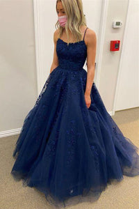 Navy Blue Lace Long Prom Dresses, Navy Blue Formal Evening Dresses, Lace Party Dresses