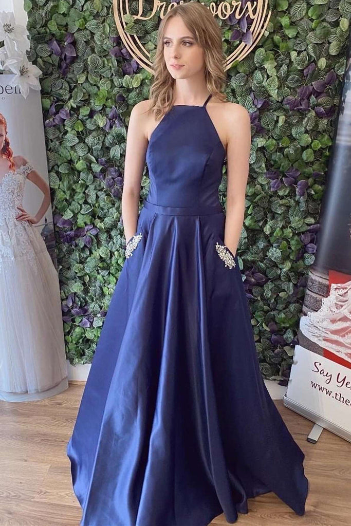 Navy Blue Satin Backless Long Prom Dresses with Pocket, Navy Blue Form