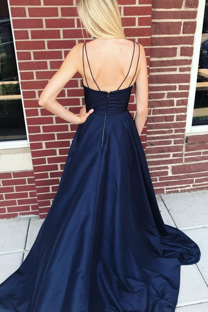 Navy Blue Satin V Neck Backless High Slit Long Prom Dresses, V Neck Na Lwt Dress Navy Blue Satin V Neck Backless High Slit Long Prom Dresses, V Neck Na Lwt Dress