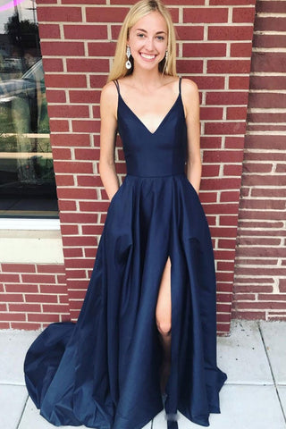 Navy Blue Satin V Neck Backless High Slit Long Prom Dresses, V Neck Navy Blue Formal Dresses, Backless Navy Blue Evening Dresses