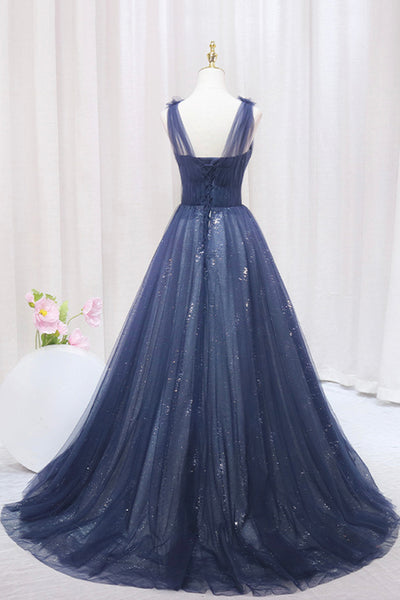 Navy Blue Tulle A Line Beaded Long Prom Dresses, Dark Blue Formal Graduation Evening Dresses WT1164
