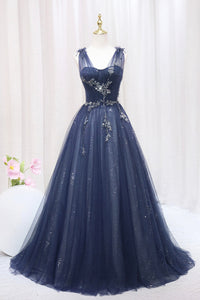 Navy Blue Tulle A Line Beaded Long Prom Dresses, Dark Blue Formal Graduation Evening Dresses WT1164