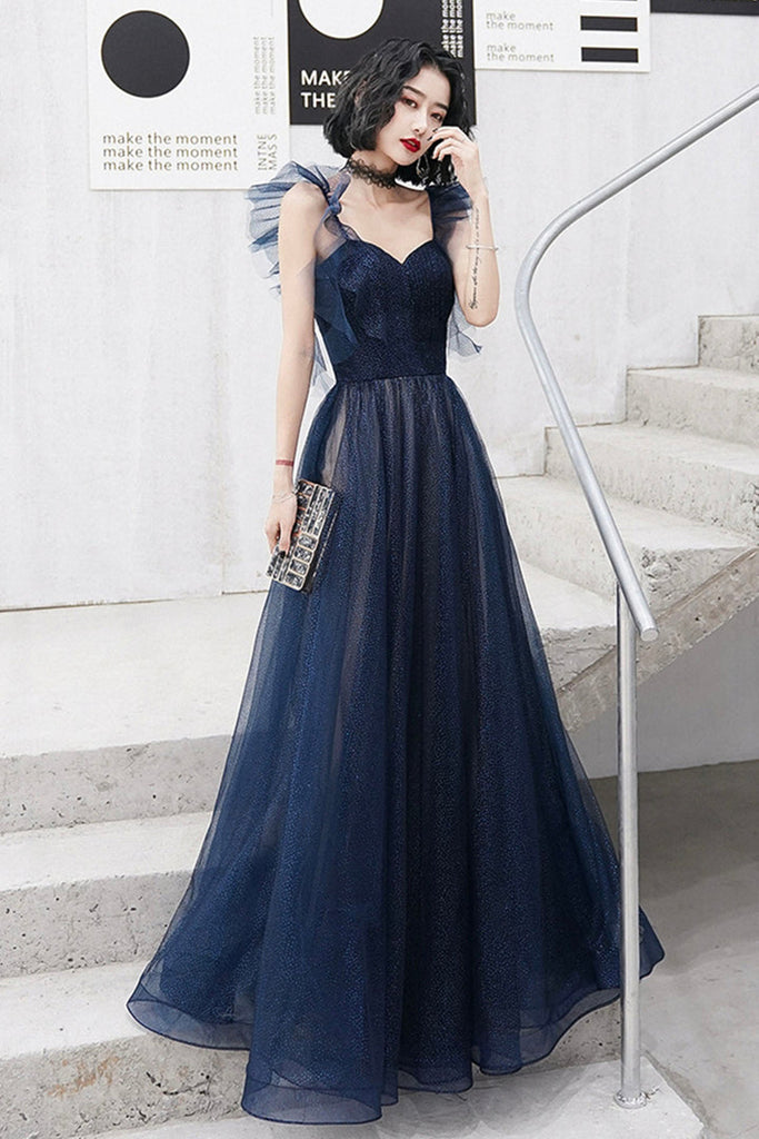 Navy Blue Tulle A Line Long Prom Dresses, Blue Tulle Formal Dresses, L Lwt Dress Navy Blue Tulle A Line Long Prom Dresses, Blue Tulle Formal Dresses, L Lwt Dress
