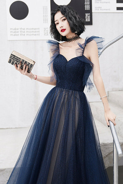 Navy Blue Tulle A Line Long Prom Dresses, Blue Tulle Formal Dresses, Long Navy Blue Evening Dresses WT1039