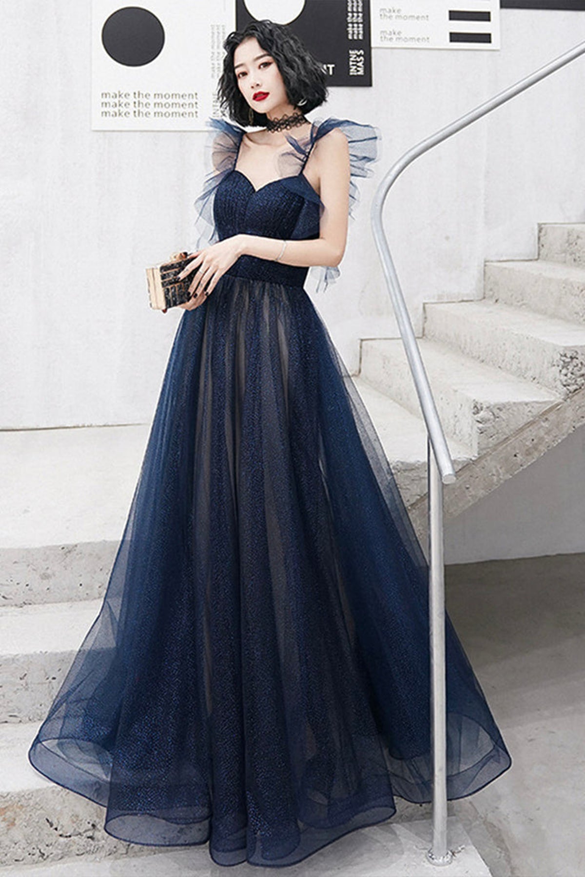 Navy Blue Tulle A Line Long Prom Dresses, Blue Tulle Formal Dresses, Long Navy Blue Evening Dresses WT1039