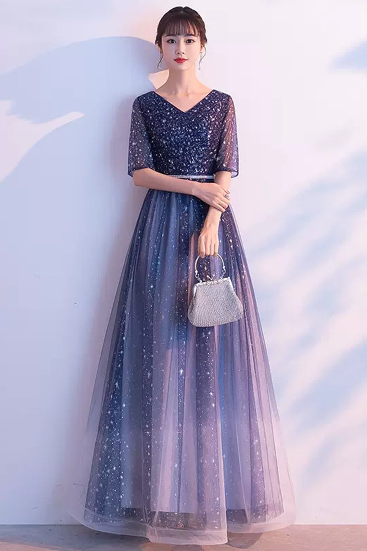 Navy Blue Tulle Shiny Half Sleeves Floor Length Long Prom Dresses, Nav Lwt Dress Navy Blue Tulle Shiny Half Sleeves Floor Length Long Prom Dresses, Nav Lwt Dress