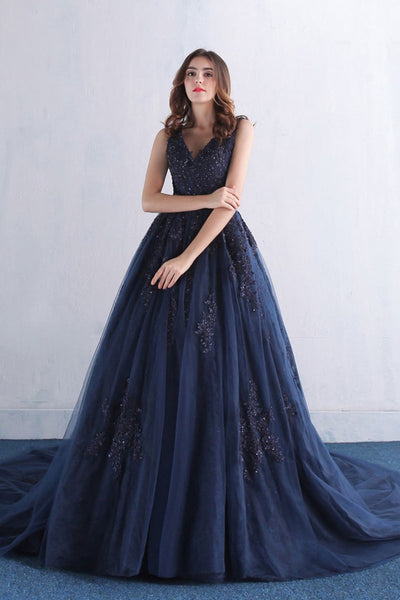 Navy Blue Tulle V Neck Lace Beaded Long Prom Dresses, Navy Blue Lace Formal Dresses, Navy Blue Evening Dresses