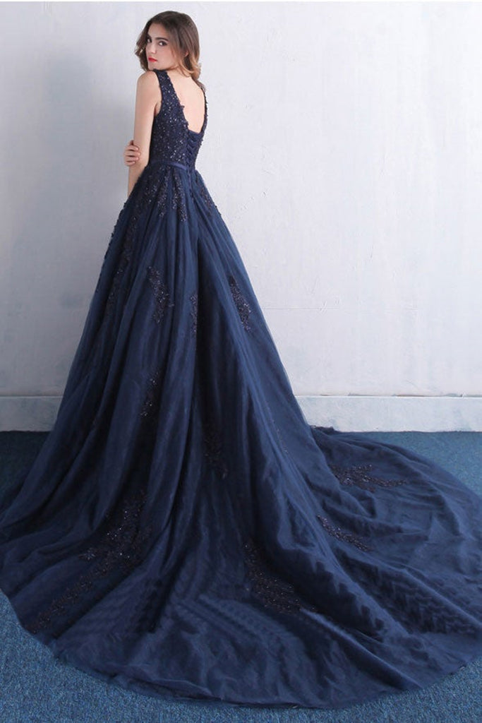 Navy Blue Tulle V Neck Lace Beaded Long Prom Dresses, Navy Blue Lace F Lwt Dress Navy Blue Tulle V Neck Lace Beaded Long Prom Dresses, Navy Blue Lace F Lwt Dress