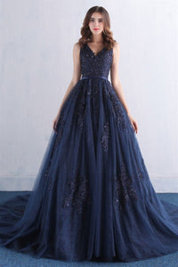 Navy Blue Tulle V Neck Lace Beaded Long Prom Dresses, Navy Blue Lace Formal Dresses, Navy Blue Evening Dresses