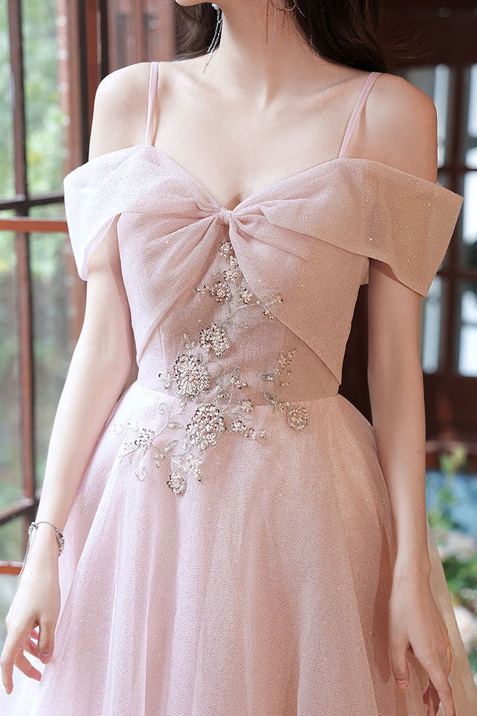 Aline Pink Tulle Long Prom Dresses, Pink Off Shoulder Formal Graduation  Dresses