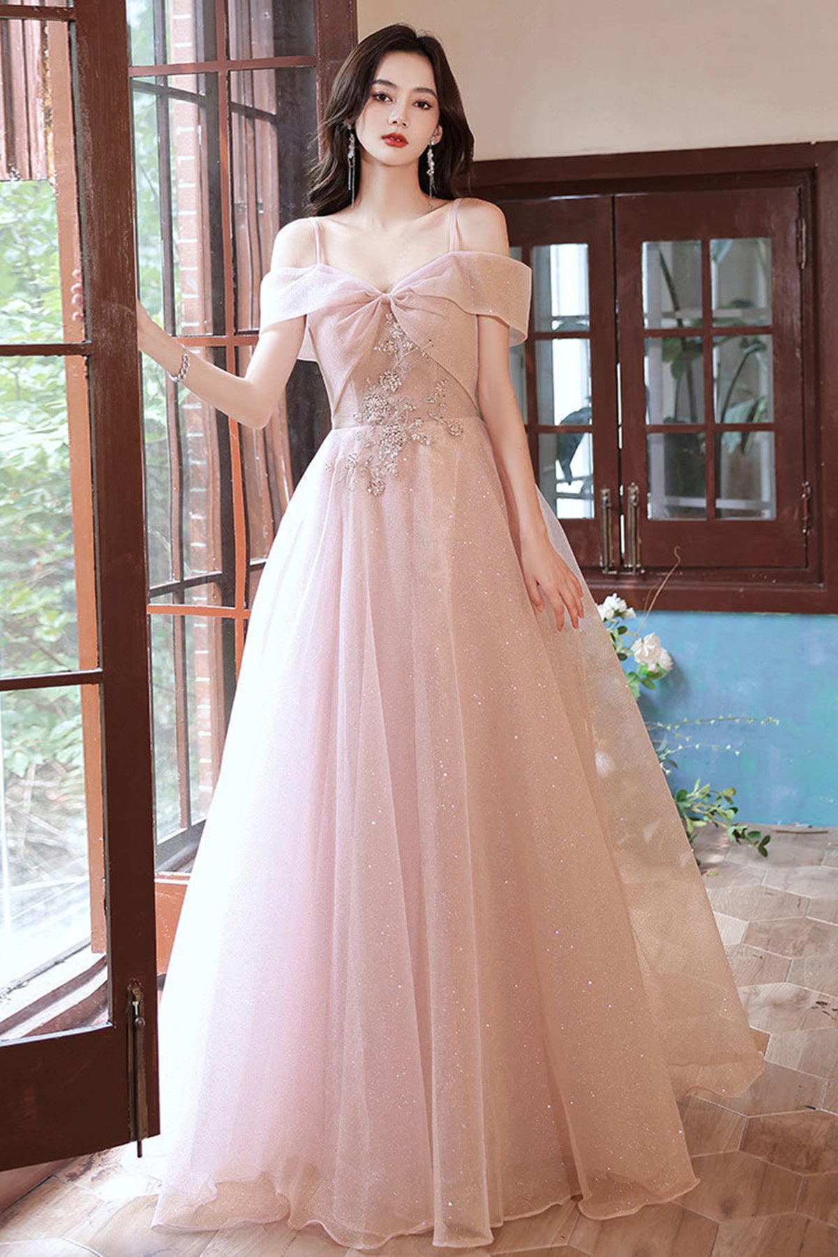 Off Shoulder Beaded Floral Pink Long Prom Dresses, Pink Off Shoulder Beaded Floral Pink Long Prom Dresses, Pink