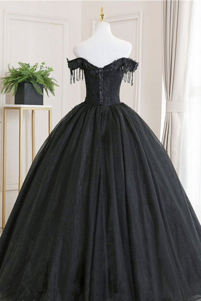 Off Shoulder Black Lace Long Prom Dresses, Black Lace Formal Evening Dresses, Black Ball Gown