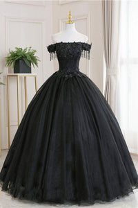 Off Shoulder Black Lace Long Prom Dresses, Black Lace Formal Evening Dresses, Black Ball Gown