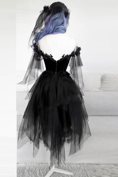 Off Shoulder Black Lace Puffy Tulle Short Prom Dresses, Black Lace Homecoming Dresses, Black Formal Evening Dresses