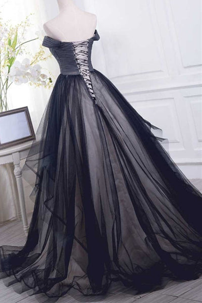 Off Shoulder Black Tulle Long Prom Dresses, Off the Shoulder Black Formal Dresses, Black Evening Dresses