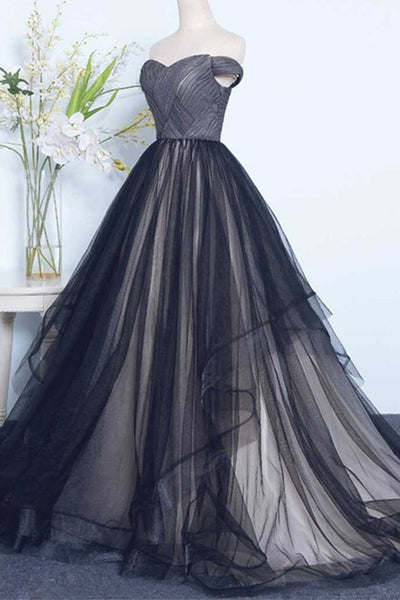 Off Shoulder Black Tulle Long Prom Dresses, Off the Shoulder Black Formal Dresses, Black Evening Dresses
