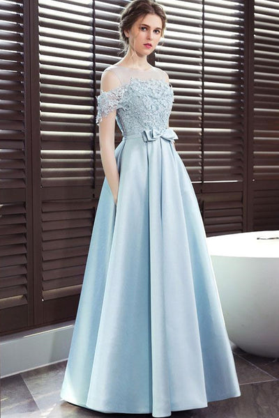 Off Shoulder Blue Lace Long Prom Dresses, Off the Shoulder Blue Formal Dresses, Blue Lace Evening Dresses