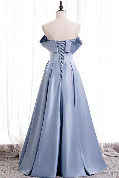 Off Shoulder Blue Satin Beaded Long Prom Dresses, Off the Shoulder Blue Formal Evening Dresses
