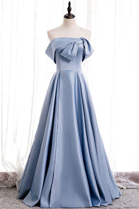 Off Shoulder Blue Satin Beaded Long Prom Dresses, Off the Shoulder Blue Formal Evening Dresses