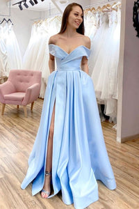 Off Shoulder Blue Satin Long Prom Dresses with High Slit, Off the Shoulder Blue Formal Dresses, Blue Evening Dresses