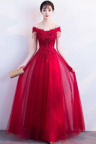 Off Shoulder Burgundy Lace Long Prom Dresses, Burgundy Lace Formal Graduation Evening Dresses