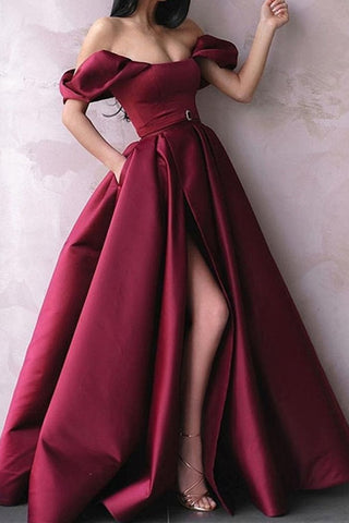 Off Shoulder Burgundy Long Prom Dresses with High Slit, Off the Shoulder Burgundy Formal Evening Dresses