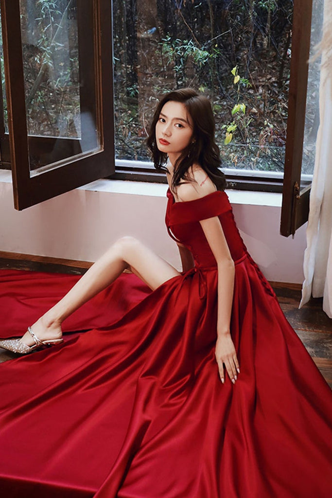 Off Shoulder Burgundy Satin Long Prom Dresses with High Slit, Off the Lwt Dress Off Shoulder Burgundy Satin Long Prom Dresses with High Slit, Off the Lwt Dress