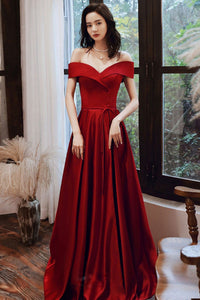 Off Shoulder Burgundy Satin Long Prom Dresses with High Slit, Off the Lwt Dress Off Shoulder Burgundy Satin Long Prom Dresses with High Slit, Off the Lwt Dress