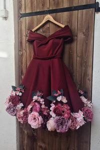 Off Shoulder Burgundy Short Prom Dresses with 3D Flowers, Burgundy Flo Lwt Dress Off Shoulder Burgundy Short Prom Dresses with 3D Flowers, Burgundy Flo Lwt Dress