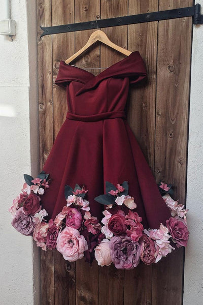 Off Shoulder Burgundy Short Prom Dresses with 3D Flowers, Burgundy Flo Lwt Dress Off Shoulder Burgundy Short Prom Dresses with 3D Flowers, Burgundy Flo Lwt Dress