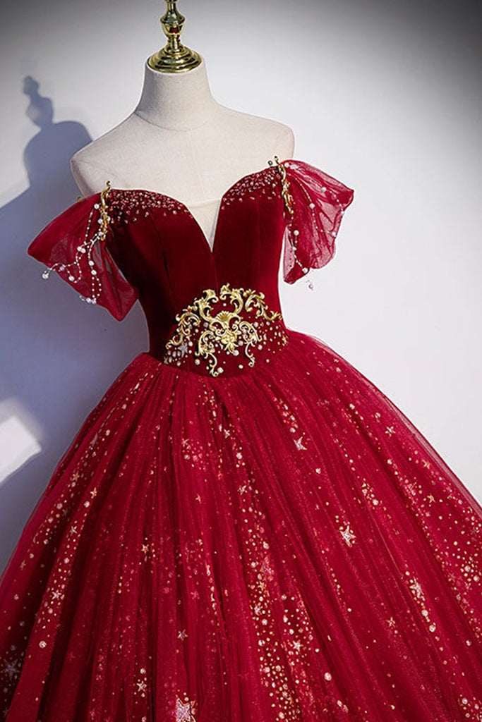 Burgundy Floral Ball Gown Prom Dresses FD1495 – Viniodress
