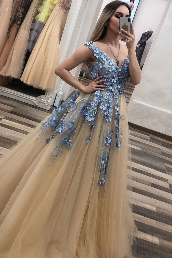 Champagne tulle beads long prom dress, champagne evening dress – toptby